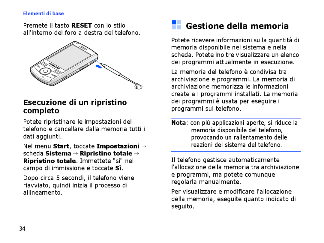 Samsung SGH-I710ZSATIM, SGH-I710ZSAITV manual Gestione della memoria, Esecuzione di un ripristino completo 