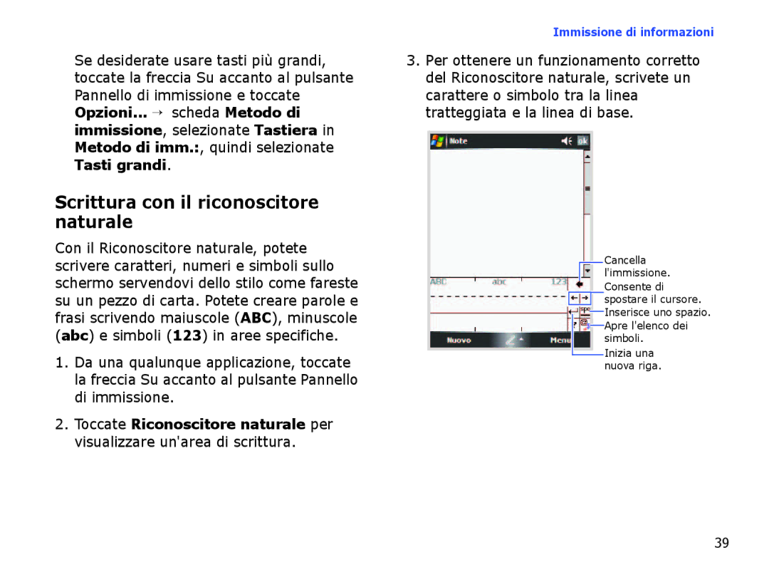 Samsung SGH-I710ZSAITV, SGH-I710ZSATIM manual Scrittura con il riconoscitore naturale 