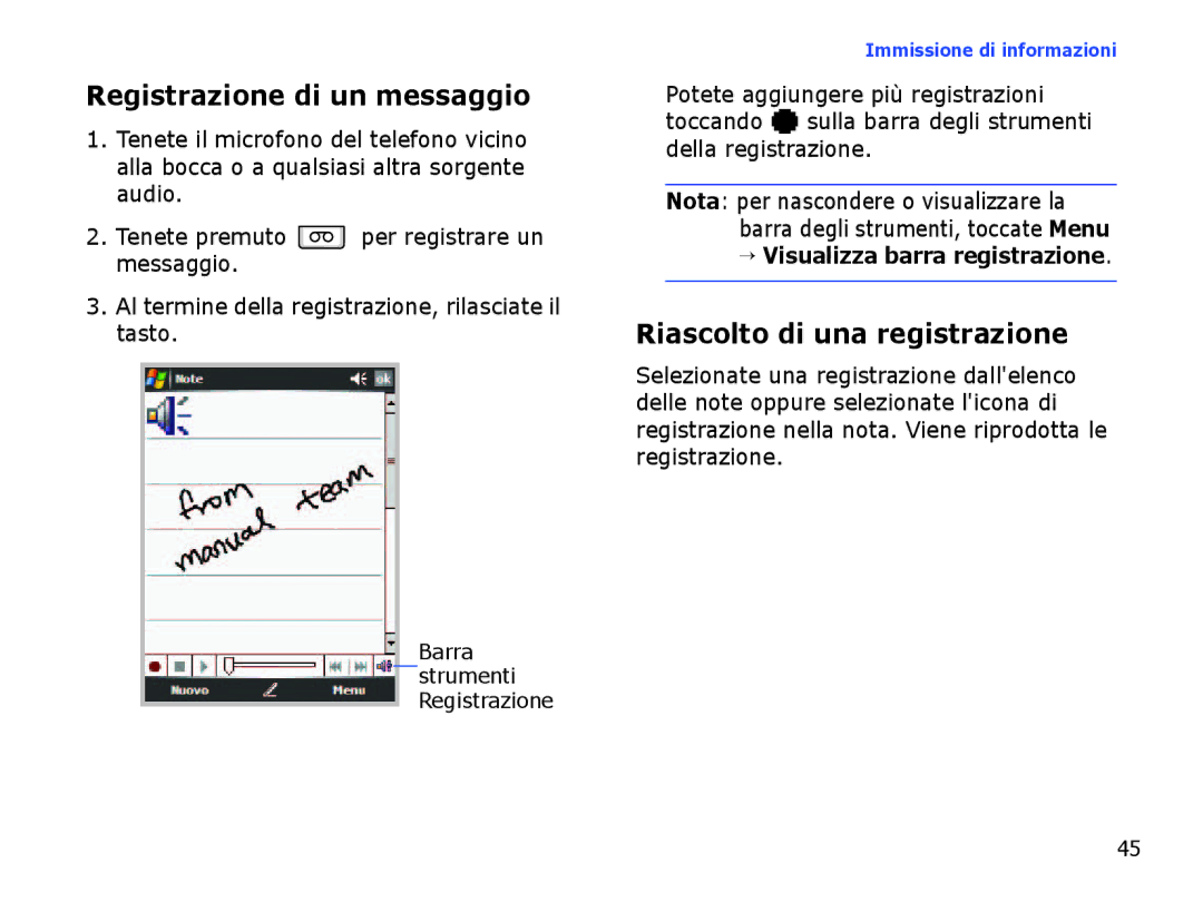 Samsung SGH-I710ZSAITV Registrazione di un messaggio, Riascolto di una registrazione, → Visualizza barra registrazione 