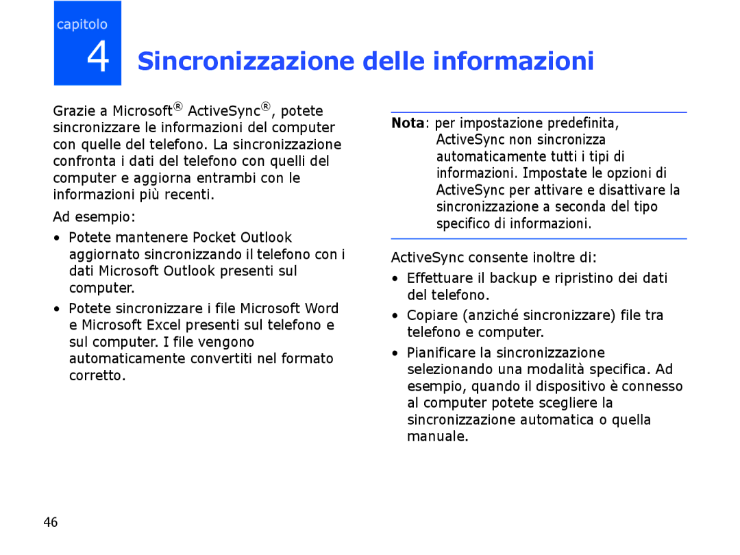 Samsung SGH-I710ZSATIM, SGH-I710ZSAITV manual Sincronizzazione delle informazioni 