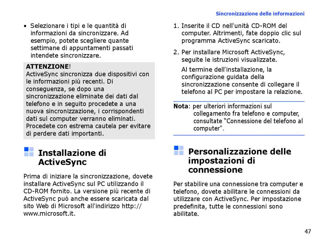 Samsung SGH-I710ZSAITV, SGH-I710ZSATIM Installazione di ActiveSync, Personalizzazione delle impostazioni di connessione 