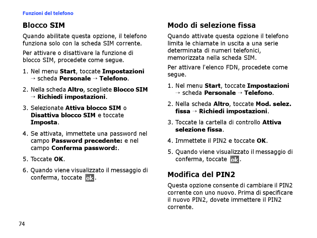 Samsung SGH-I710ZSATIM manual Blocco SIM, Modo di selezione fissa, Modifica del PIN2, → scheda Personale → Telefono 