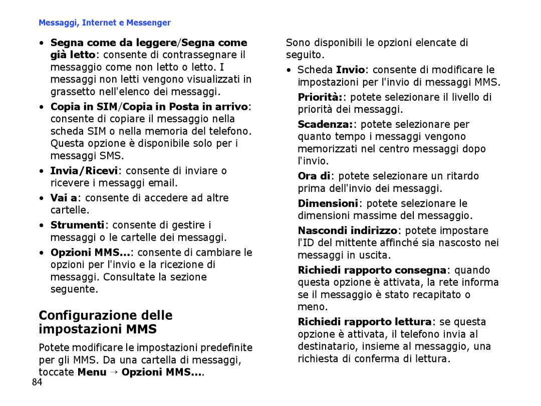 Samsung SGH-I710ZSATIM, SGH-I710ZSAITV Configurazione delle impostazioni MMS, Vai a consente di accedere ad altre cartelle 