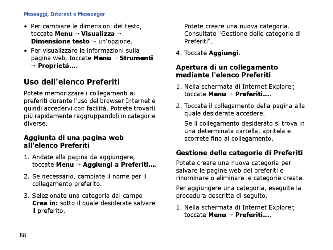 Samsung SGH-I710ZSATIM manual Uso dellelenco Preferiti, Aggiunta di una pagina web allelenco Preferiti, → Proprietà 