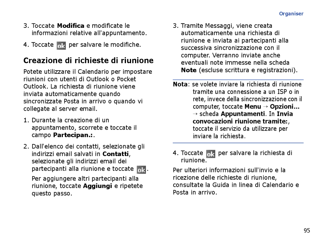 Samsung SGH-I710ZSAITV, SGH-I710ZSATIM manual Creazione di richieste di riunione, Toccate per salvare le modifiche 