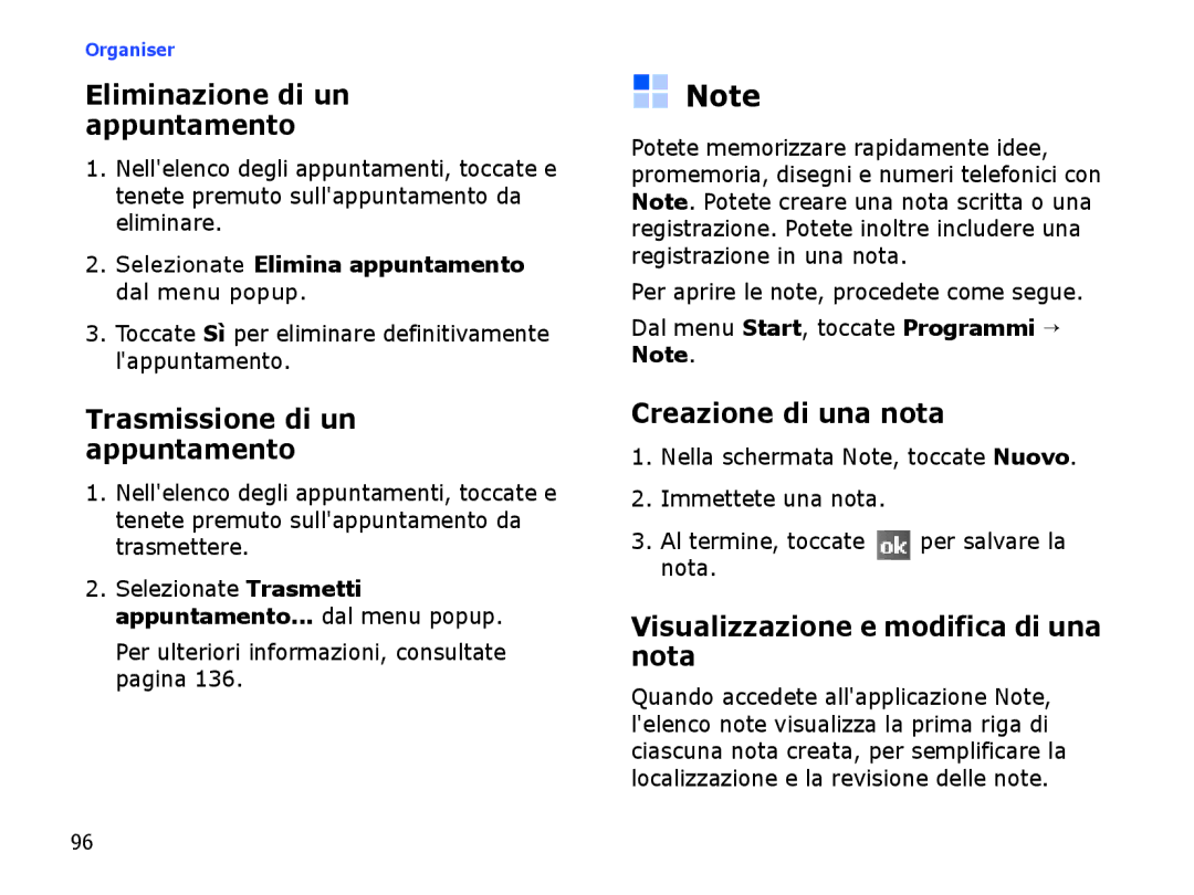 Samsung SGH-I710ZSATIM manual Eliminazione di un appuntamento, Trasmissione di un appuntamento, Creazione di una nota 