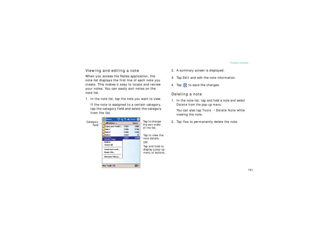 Samsung SGH-I750DAAPAN, SGH-I750DAADBT Viewing and editing a note, Deleting a note, Tap Yes to permanently delete the note 