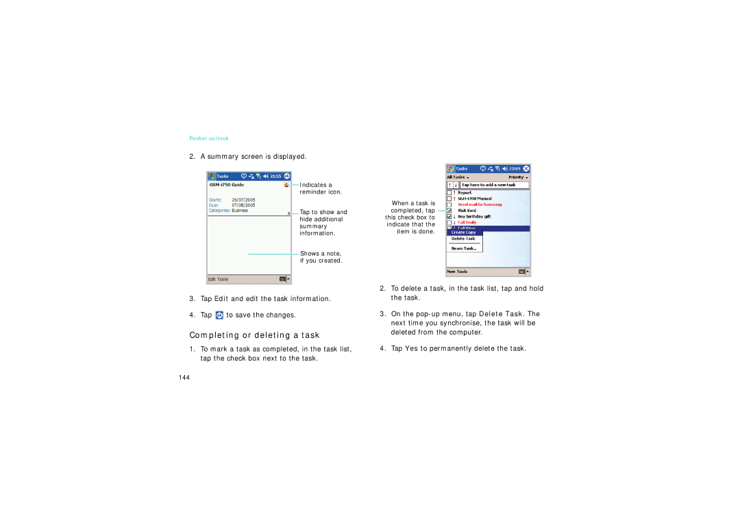 Samsung SGH-I750DAAXEF, SGH-I750DAADBT, SGH-I750DAAXEG manual Completing or deleting a task, Summary screen is displayed 