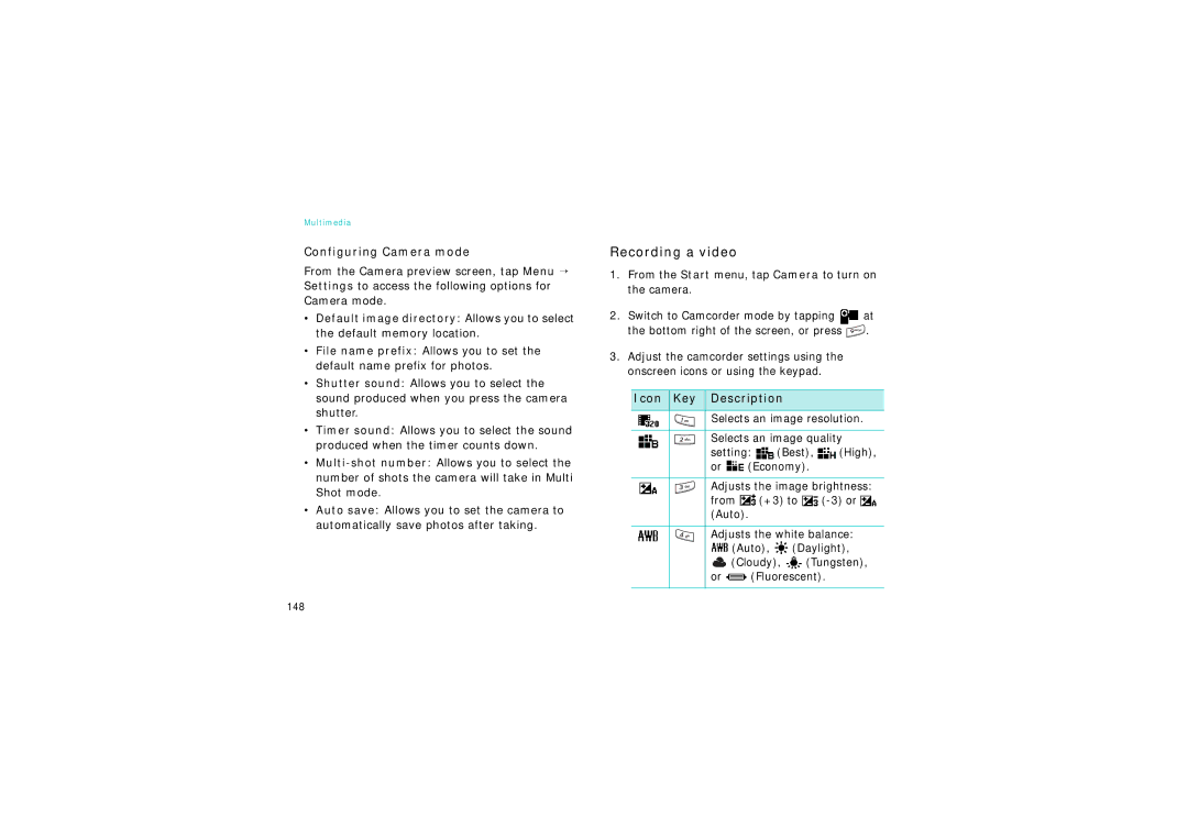 Samsung SGH-I750DAAXET, SGH-I750DAADBT manual Recording a video, Configuring Camera mode, Selects an image resolution 