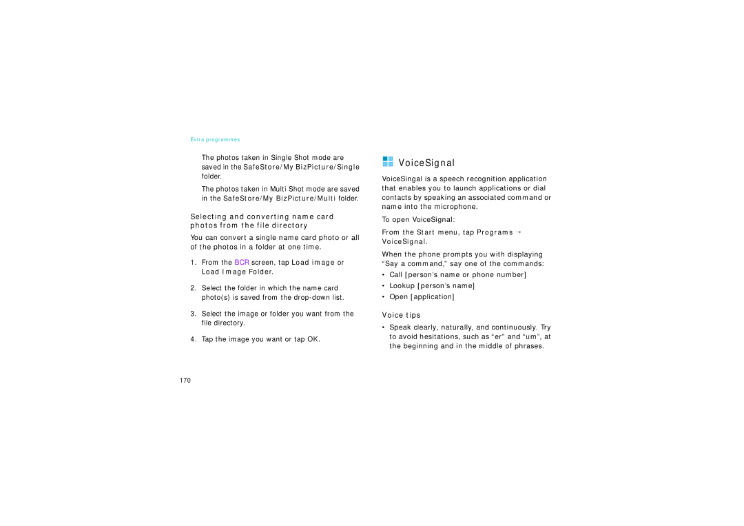 Samsung SGH-I750DAAXEH manual To open VoiceSignal, Voice tips, From the BCR screen, tap Load image or Load Image Folder 