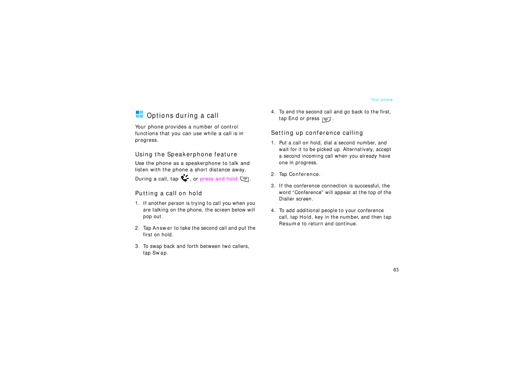 Samsung SGH-I750DAAITV, SGH-I750DAADBT manual Options during a call, Using the Speakerphone feature, Putting a call on hold 