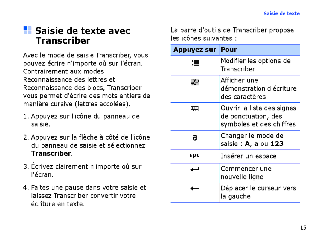 Samsung SGH-I780VRAFTM manual Saisie de texte avec Transcriber, Appuyez sur Pour, Modifier les options de Transcriber 