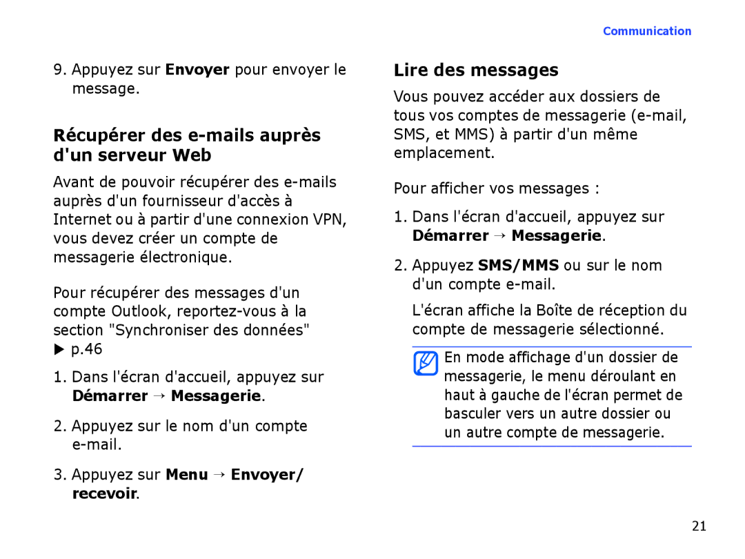 Samsung SGH-I780ZKNSFR, SGH-I780VRAXEF, SGH-I780ZKABOG manual Récupérer des e-mails auprès dun serveur Web, Lire des messages 