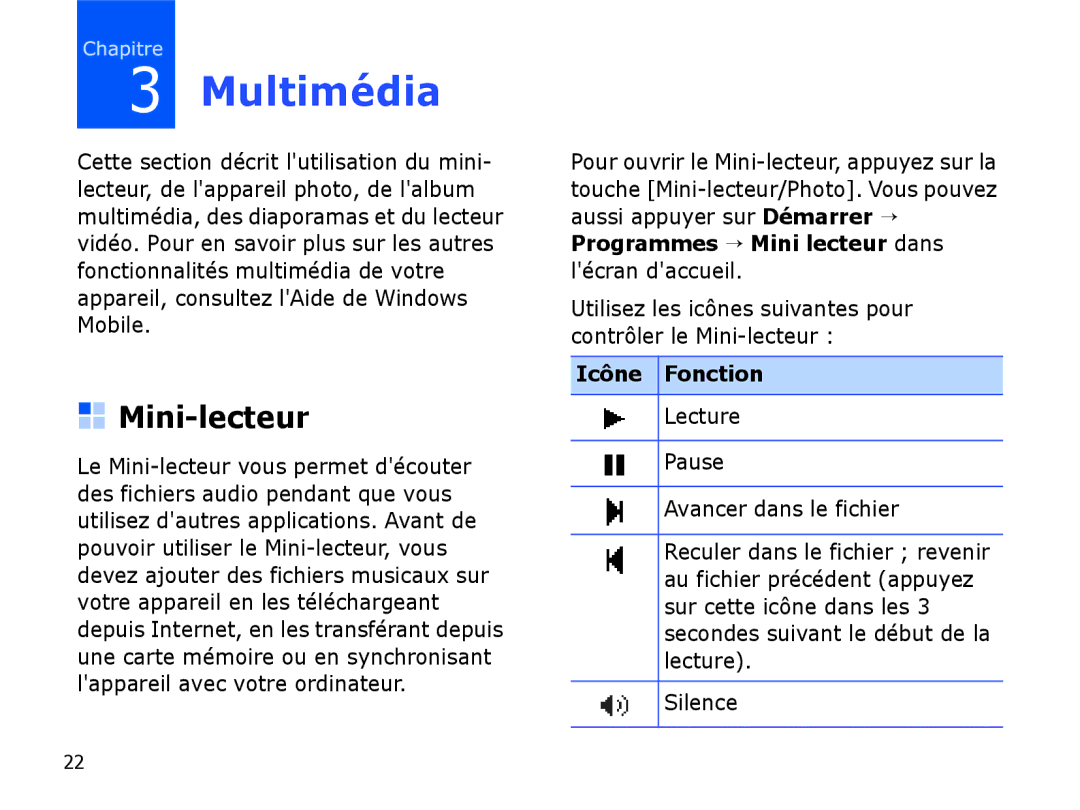 Samsung SGH-I780VRAXEF, SGH-I780ZKABOG, SGH-I780VRNSFR, SGH-I780ZKAFTM manual Multimédia, Mini-lecteur, Icône Fonction 