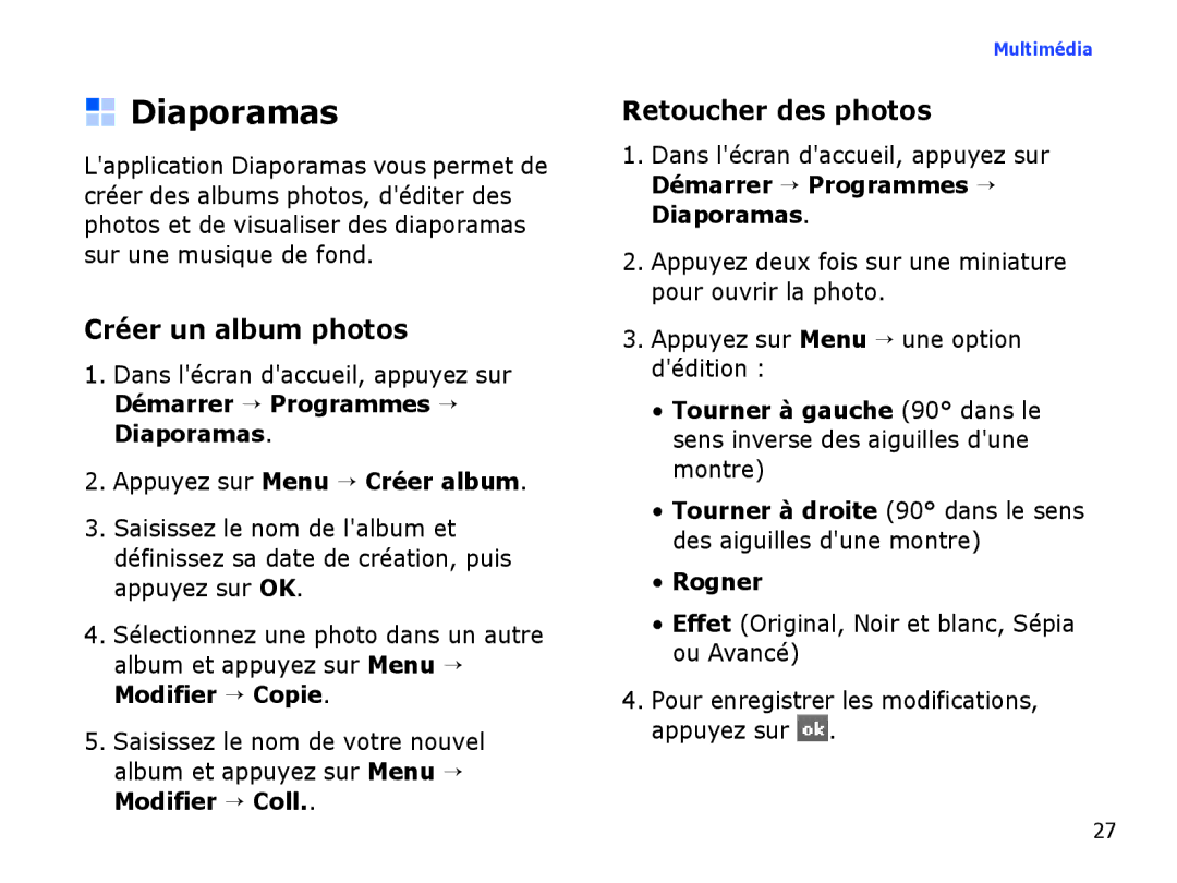 Samsung SGH-I780VRAFTM manual Diaporamas, Créer un album photos, Retoucher des photos, Appuyez sur Menu → Créer album 