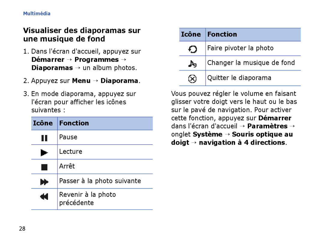 Samsung SGH-I780ZKNXEF, SGH-I780VRAXEF Visualiser des diaporamas sur une musique de fond, Appuyez sur Menu → Diaporama 