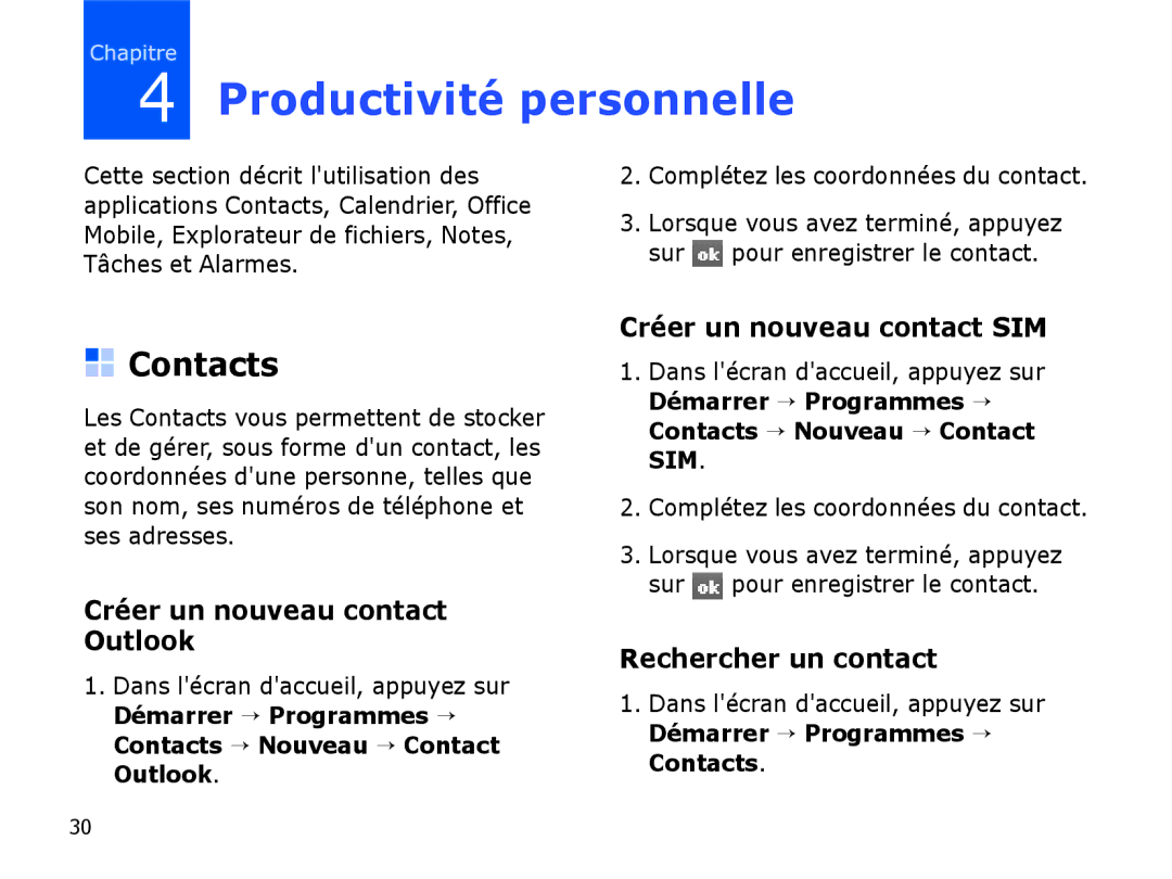 Samsung SGH-I780ZKAXEF Productivité personnelle, Contacts, Créer un nouveau contact Outlook, Créer un nouveau contact SIM 