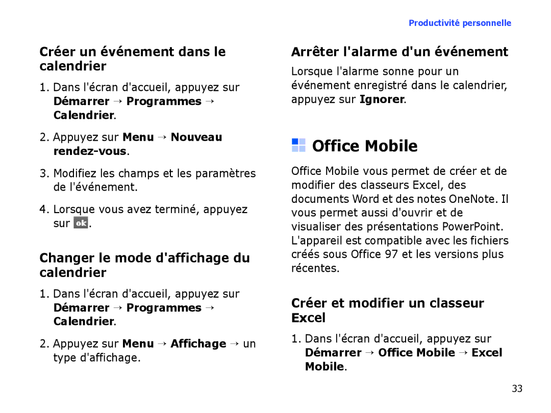 Samsung SGH-I780ZKNSFR Office Mobile, Créer un événement dans le calendrier, Changer le mode daffichage du calendrier 