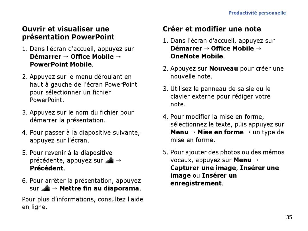 Samsung SGH-I780ZKABOG, SGH-I780VRAXEF manual Ouvrir et visualiser une présentation PowerPoint, Créer et modifier une note 