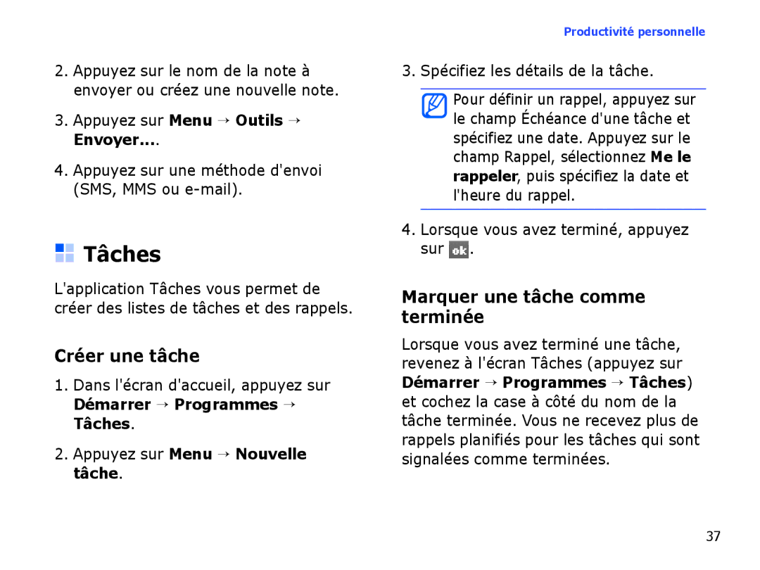 Samsung SGH-I780ZKAFTM manual Tâches, Créer une tâche, Marquer une tâche comme terminée, Spécifiez les détails de la tâche 