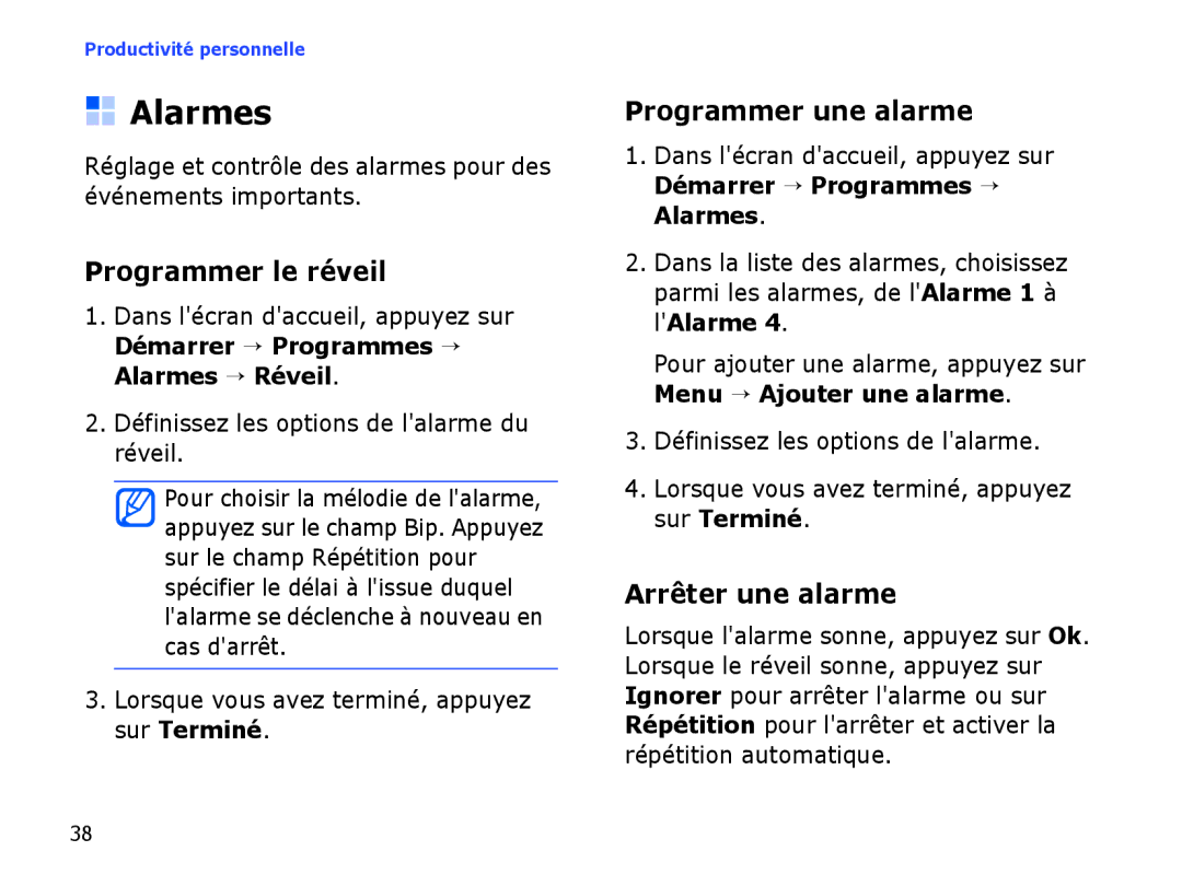 Samsung SGH-I780VRASFR, SGH-I780VRAXEF manual Alarmes, Programmer le réveil, Programmer une alarme, Arrêter une alarme 