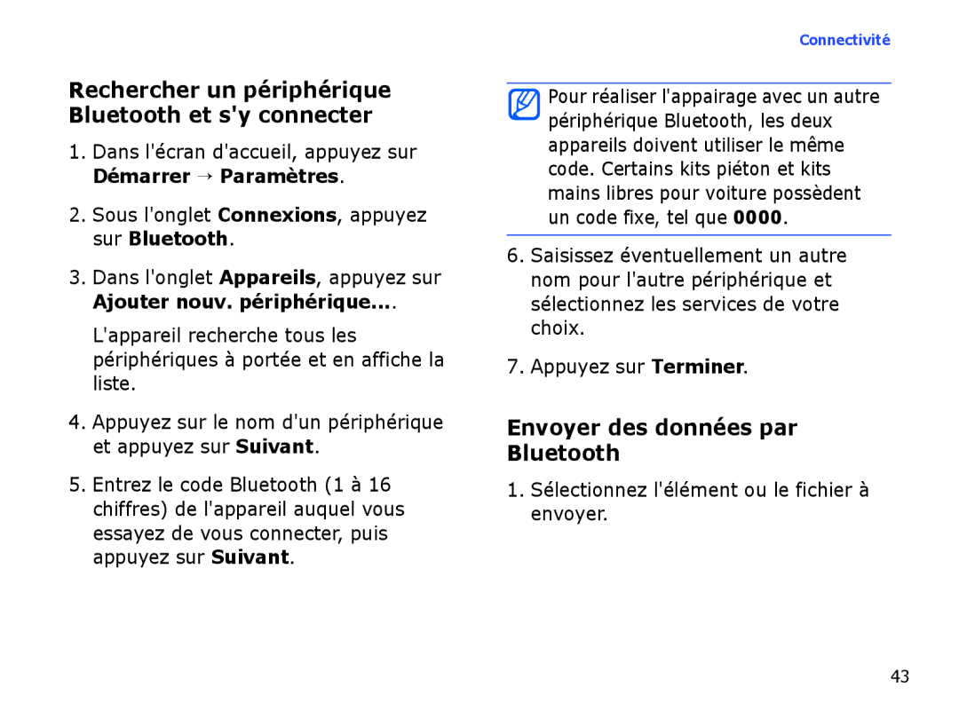 Samsung SGH-I780ZKASFR manual Rechercher un périphérique Bluetooth et sy connecter, Envoyer des données par Bluetooth 