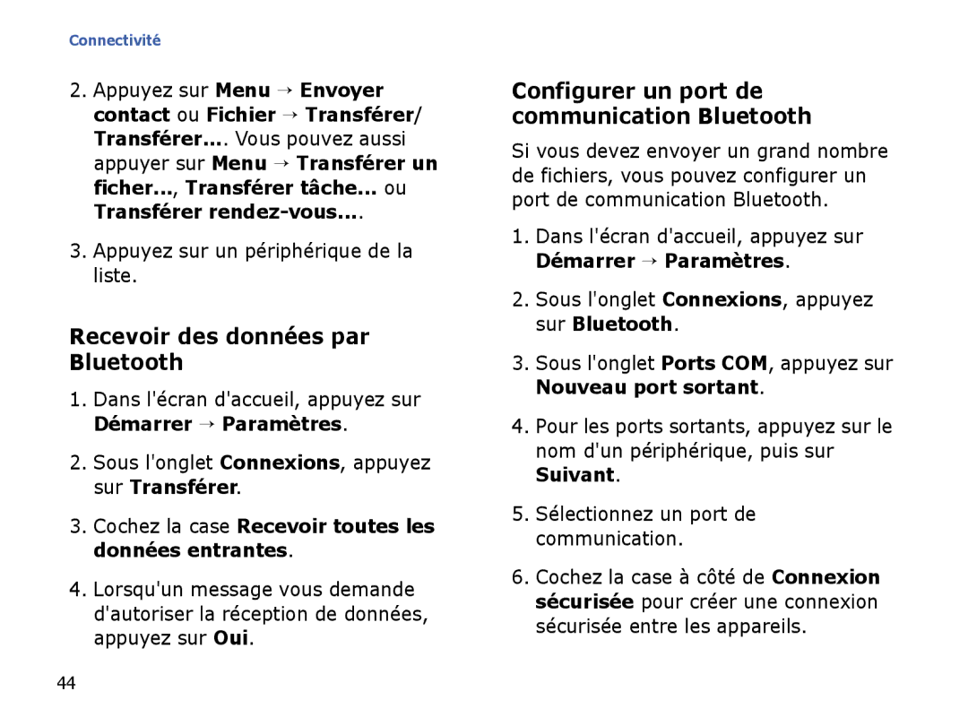 Samsung SGH-I780VRNXEF, SGH-I780VRAXEF Recevoir des données par Bluetooth, Configurer un port de communication Bluetooth 