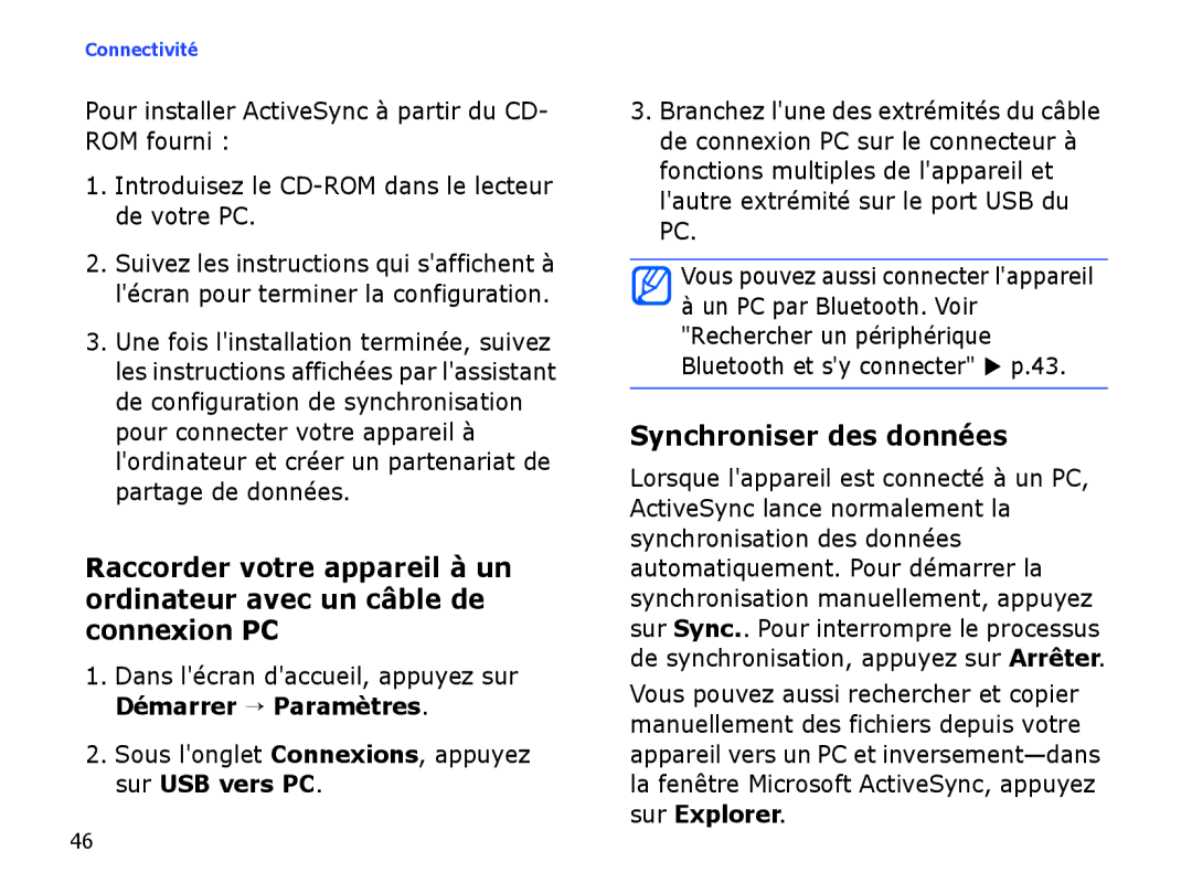 Samsung SGH-I780VRAXEF, SGH-I780ZKABOG, SGH-I780VRNSFR, SGH-I780ZKAFTM, SGH-I780VRASFR manual Synchroniser des données 