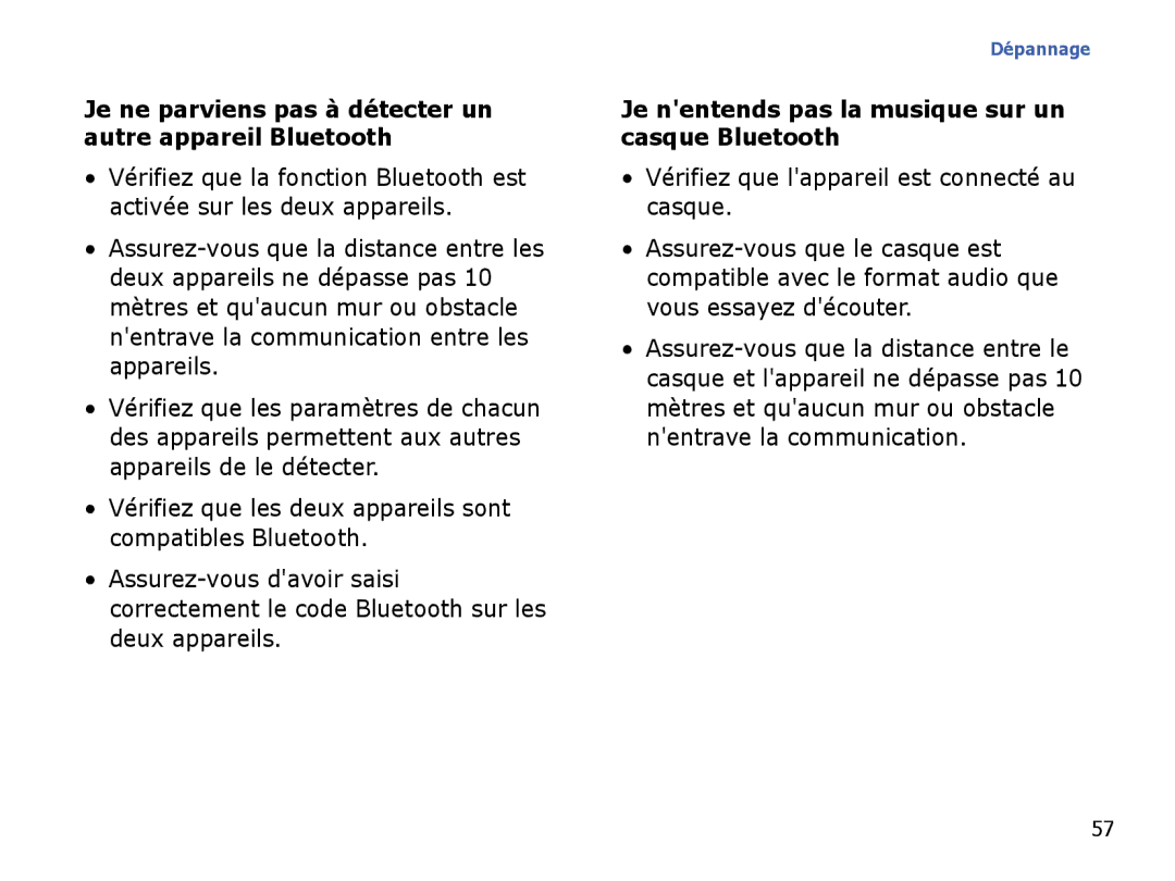 Samsung SGH-I780ZKNSFR, SGH-I780VRAXEF, SGH-I780ZKABOG, SGH-I780VRNSFR Je nentends pas la musique sur un casque Bluetooth 