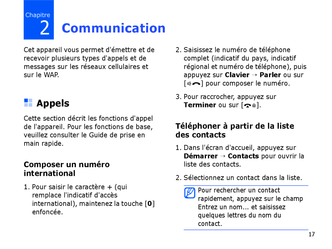 Samsung SGH-I780VRABOG, SGH-I780VRAXEF, SGH-I780ZKABOG manual Communication, Appels, Composer un numéro international 