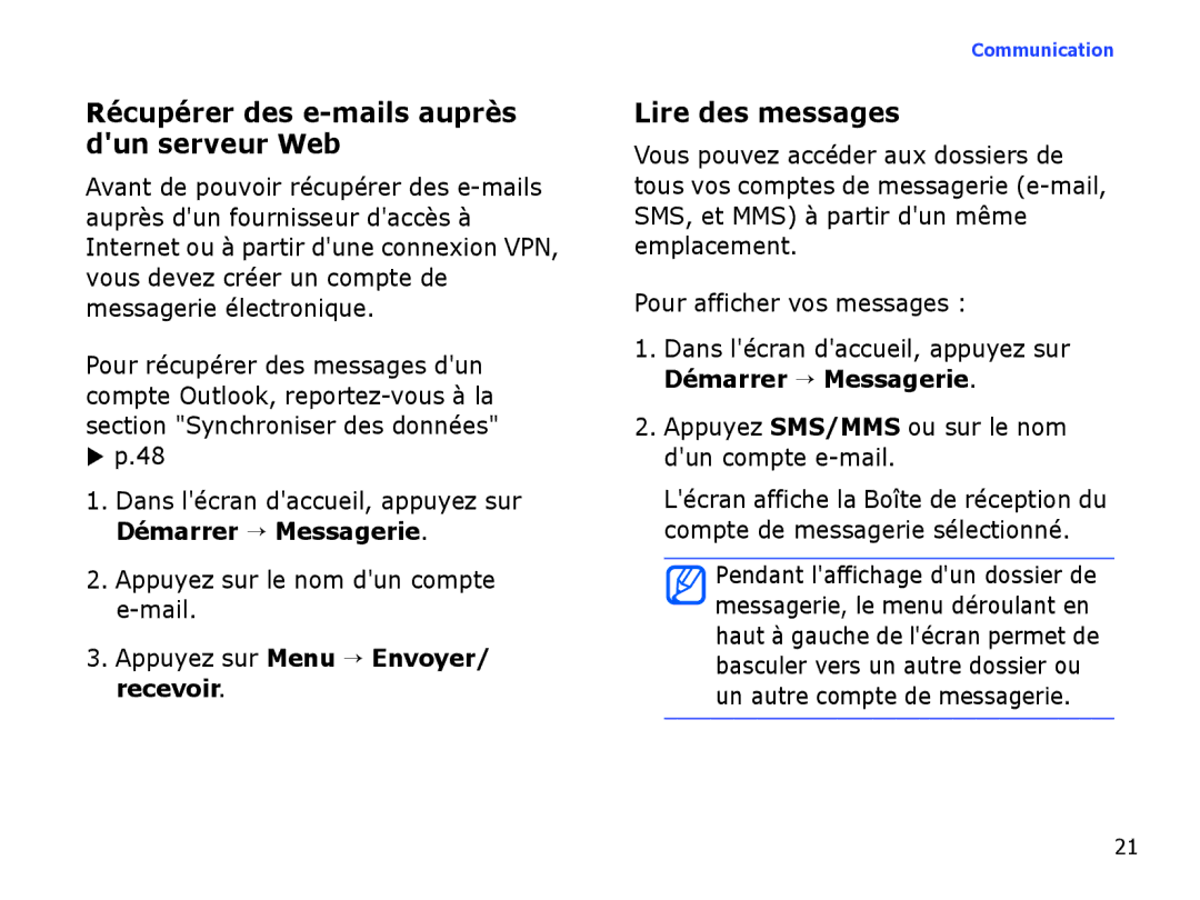 Samsung SGH-I780ZKNSFR, SGH-I780VRAXEF, SGH-I780ZKABOG manual Récupérer des e-mails auprès dun serveur Web, Lire des messages 