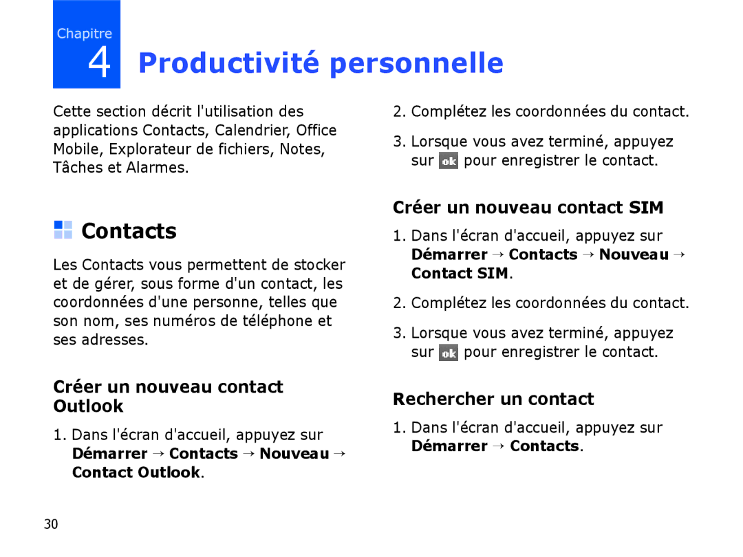 Samsung SGH-I780ZKAXEF Productivité personnelle, Contacts, Créer un nouveau contact Outlook, Créer un nouveau contact SIM 