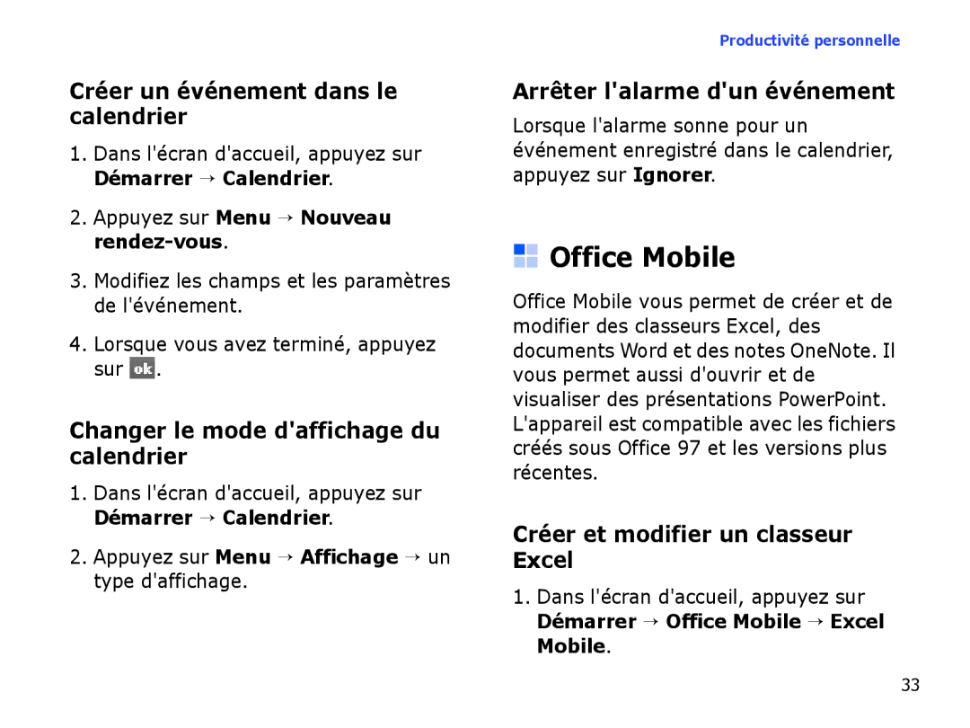 Samsung SGH-I780ZKNSFR Office Mobile, Créer un événement dans le calendrier, Changer le mode daffichage du calendrier 