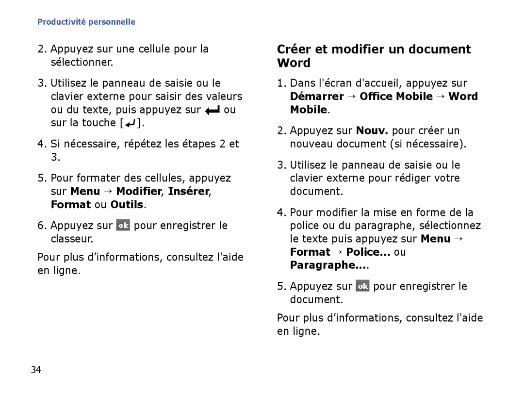 Samsung SGH-I780VRAXEF, SGH-I780ZKABOG Créer et modifier un document Word, Appuyez sur une cellule pour la sélectionner 