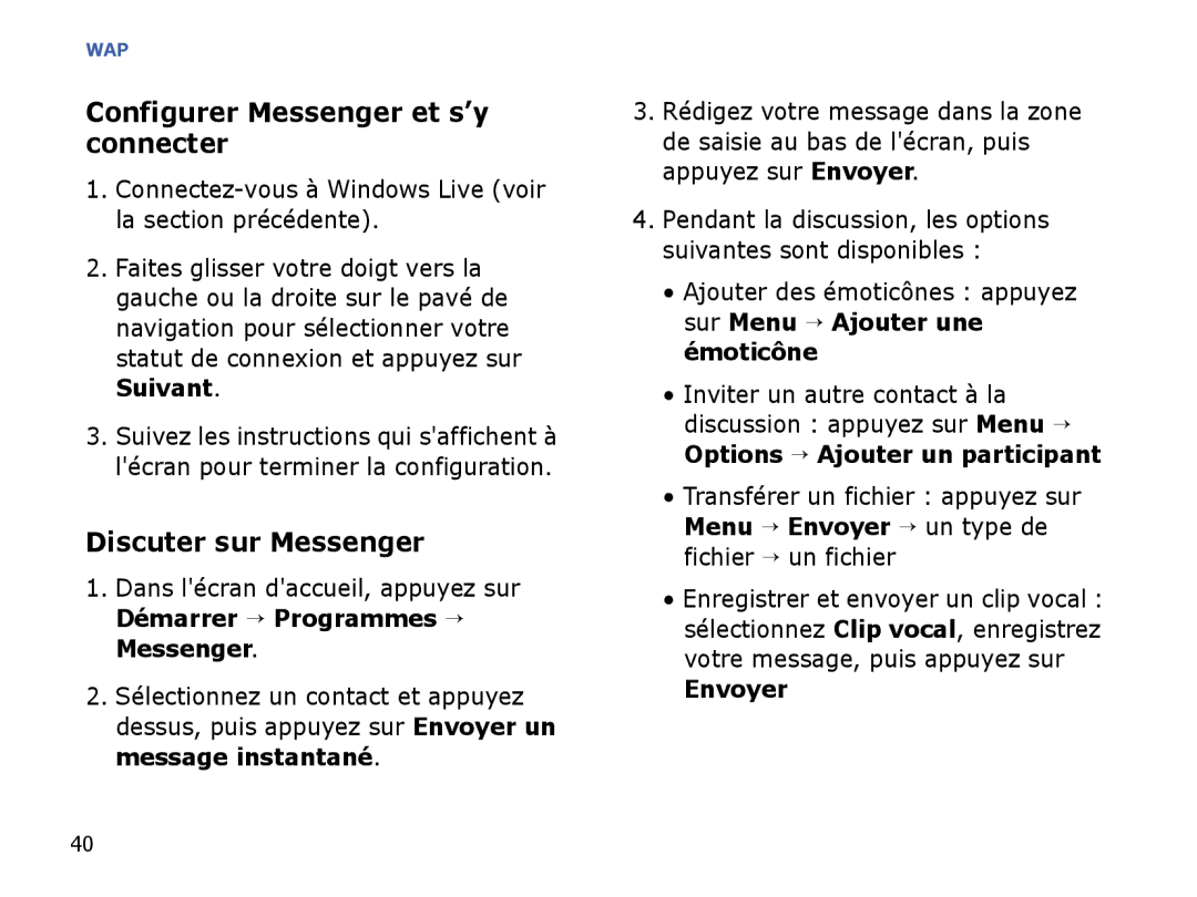 Samsung SGH-I780ZKNXEF, SGH-I780VRAXEF manual Configurer Messenger et s’y connecter, Discuter sur Messenger, Envoyer 