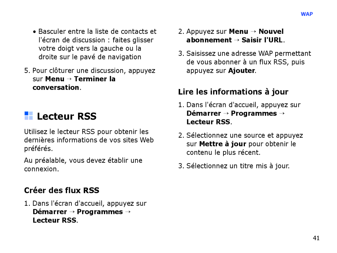 Samsung SGH-I780VRABOG Lecteur RSS, Créer des flux RSS, Lire les informations à jour, Sélectionnez un titre mis à jour 