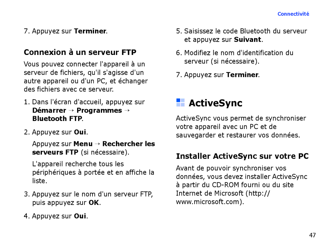 Samsung SGH-I780ZKABOG, SGH-I780VRAXEF Connexion à un serveur FTP, Installer ActiveSync sur votre PC, Appuyez sur Oui 