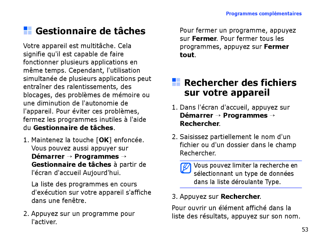 Samsung SGH-I780VRABOG Gestionnaire de tâches, Rechercher des fichiers sur votre appareil, Tout, Appuyez sur Rechercher 