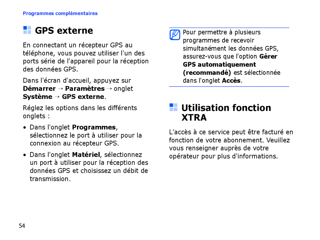 Samsung SGH-I780ZKAXEF, SGH-I780VRAXEF GPS externe, Utilisation fonction, Réglez les options dans les différents onglets 