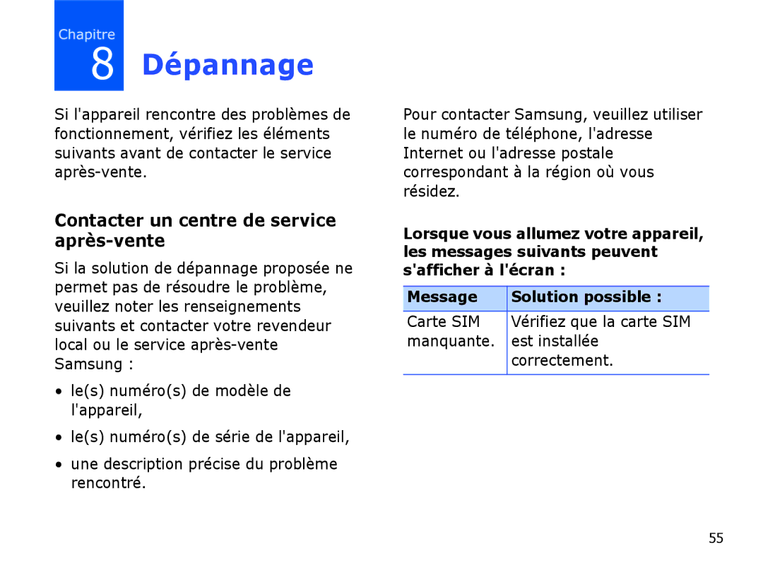 Samsung SGH-I780ZKASFR, SGH-I780VRAXEF, SGH-I780ZKABOG Dépannage, Contacter un centre de service après-vente, Carte SIM 