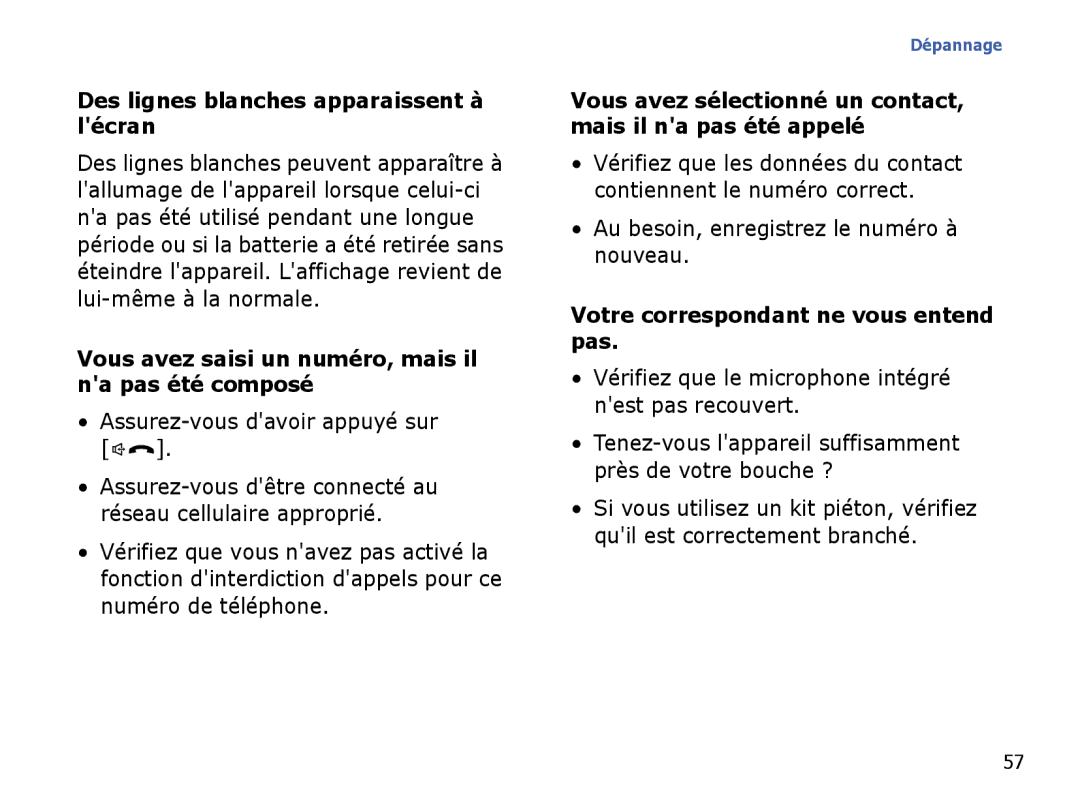 Samsung SGH-I780ZKNSFR Des lignes blanches apparaissent à lécran, Vous avez saisi un numéro, mais il na pas été composé 