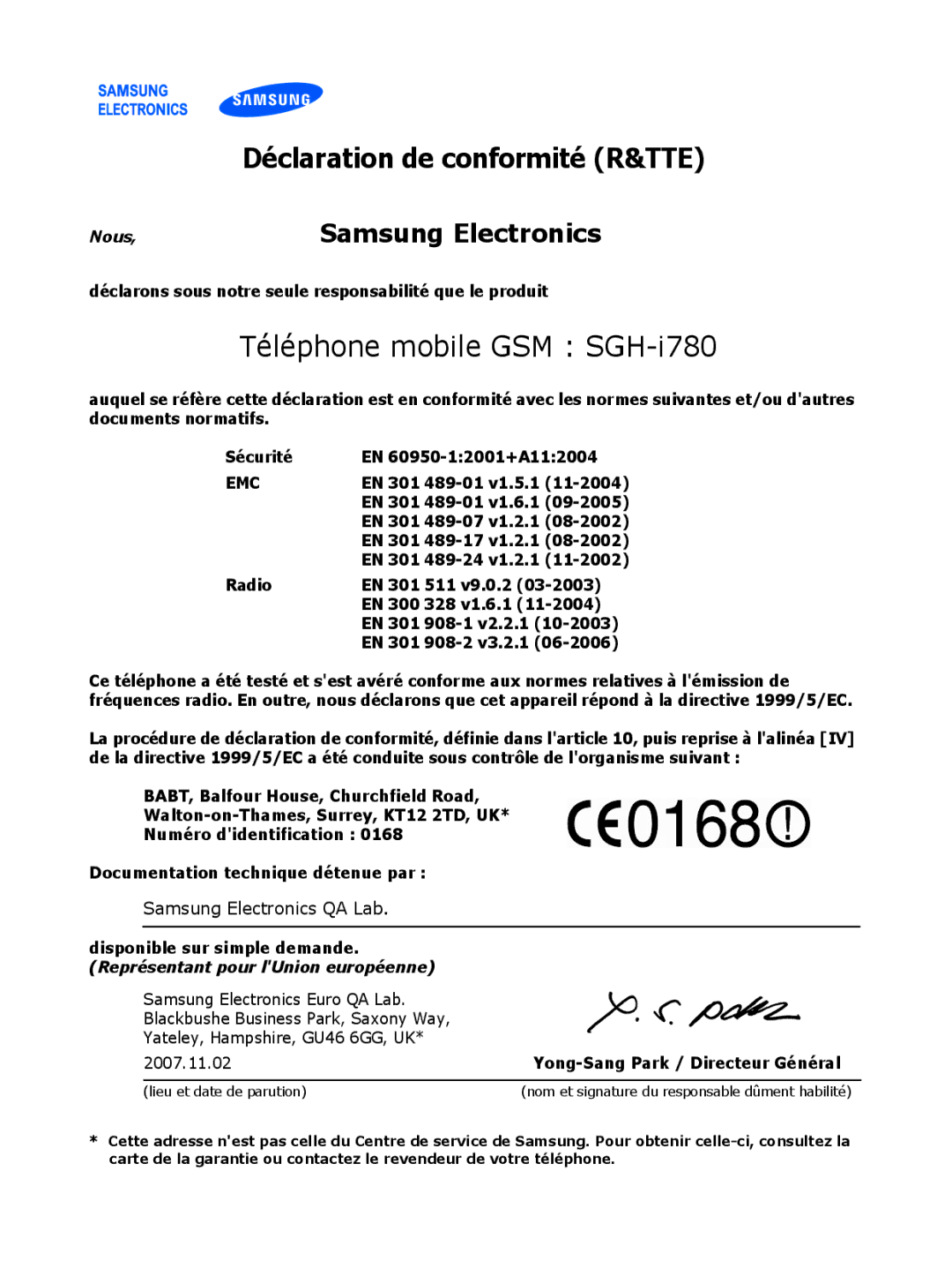 Samsung SGH-I780ZKAFTM, SGH-I780VRAXEF, SGH-I780ZKABOG, SGH-I780VRNSFR, SGH-I780VRASFR Téléphone mobile GSM SGH-i780, Emc 