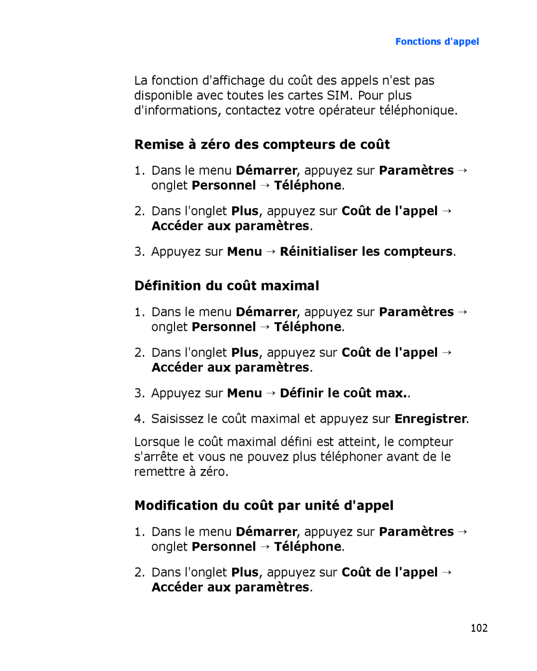 Samsung SGH-I780VRABOG, SGH-I780VRAXEF, SGH-I780ZKABOG manual Remise à zéro des compteurs de coût, Définition du coût maximal 
