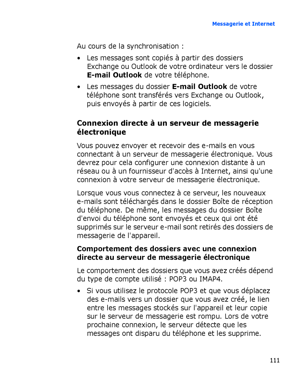 Samsung SGH-I780VRASFR, SGH-I780VRAXEF, SGH-I780ZKABOG manual Connexion directe à un serveur de messagerie électronique 