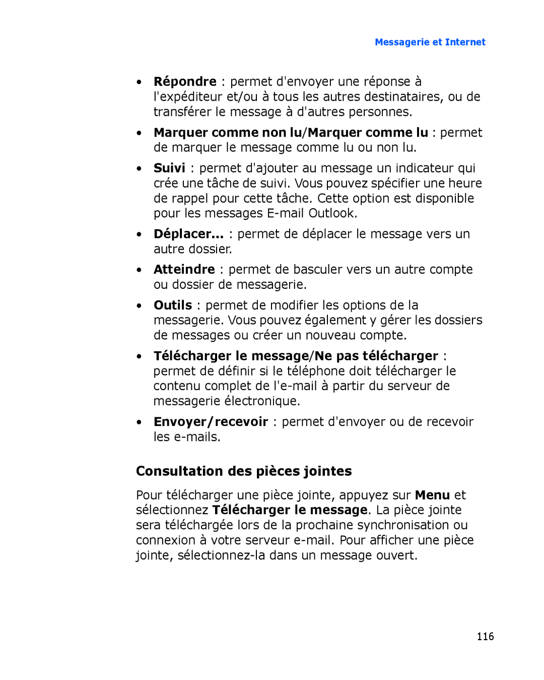 Samsung SGH-I780ZKASFR manual Consultation des pièces jointes, Envoyer/recevoir permet denvoyer ou de recevoir les e-mails 