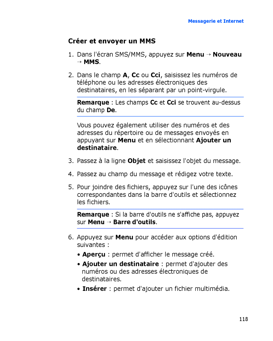 Samsung SGH-I780ZKNSFR, SGH-I780VRAXEF manual Créer et envoyer un MMS, → Mms, Insérer permet dajouter un fichier multimédia 