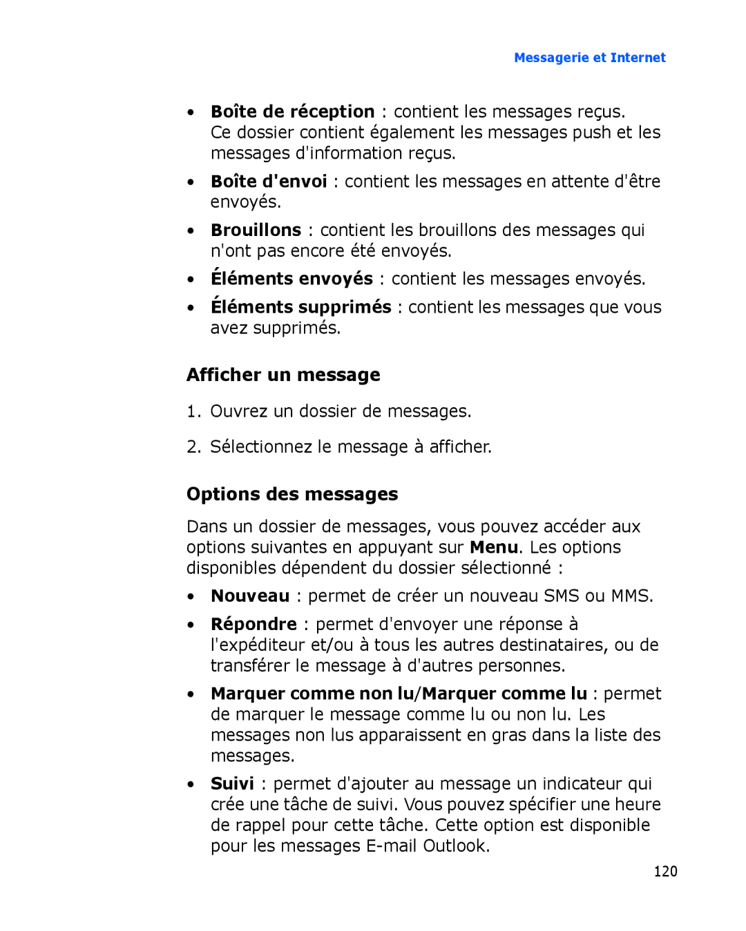 Samsung SGH-I780ZKABOG, SGH-I780VRAXEF, SGH-I780VRNSFR, SGH-I780ZKAFTM manual Afficher un message, Options des messages 