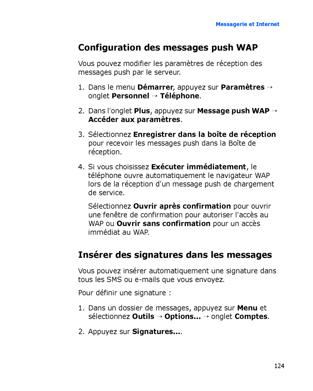 Samsung SGH-I780VRAFTM, SGH-I780VRAXEF manual Configuration des messages push WAP, Insérer des signatures dans les messages 