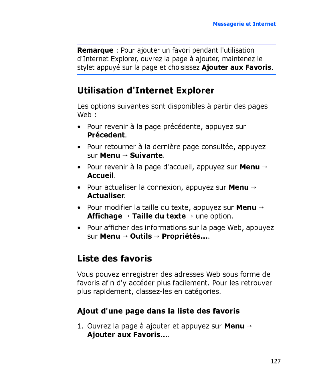 Samsung SGH-I780ZKAXEF manual Utilisation dInternet Explorer, Liste des favoris, Ajout dune page dans la liste des favoris 