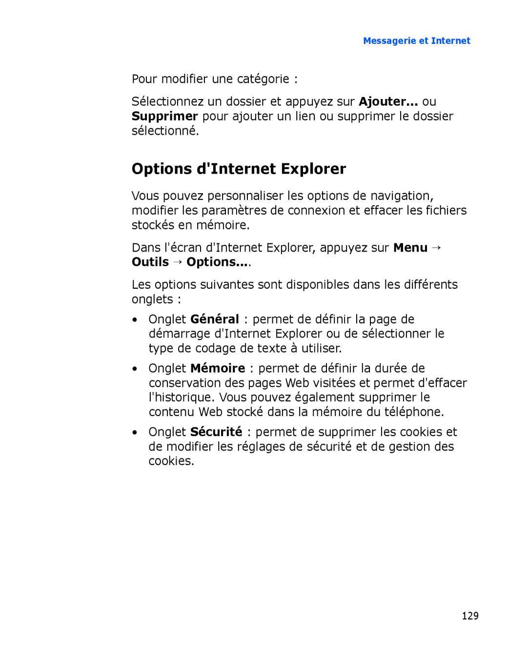 Samsung SGH-I780VRNXEF, SGH-I780VRAXEF, SGH-I780ZKABOG, SGH-I780VRNSFR manual Options dInternet Explorer, Outils → Options 